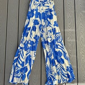 Olivaceous Blue and White Floral Wide Leg Pants